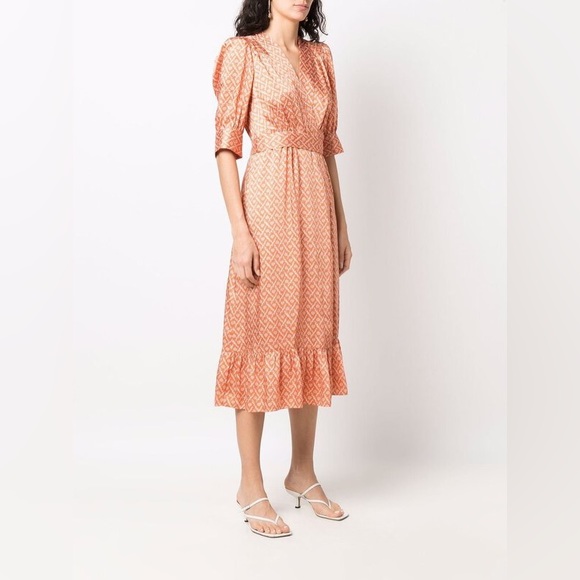 NWT Sandro orange print Enrika satin wrap dress - Picture 2 of 8